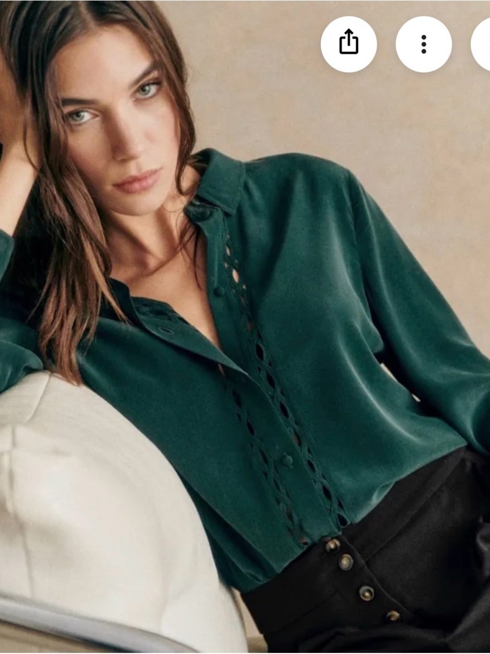 Sezane Dark Green Lace-Trim Blouse